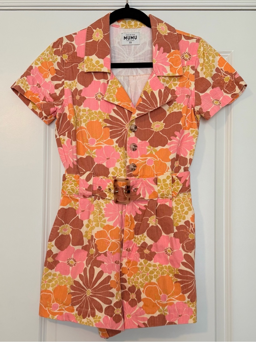 Show Me Your MuMu Floral Short Sleeve Romper in Pink, Orange & Brown
